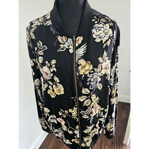 Torrid Womens 2X Black Floral & Crane Print Twill Full Zip Bomber Jacket